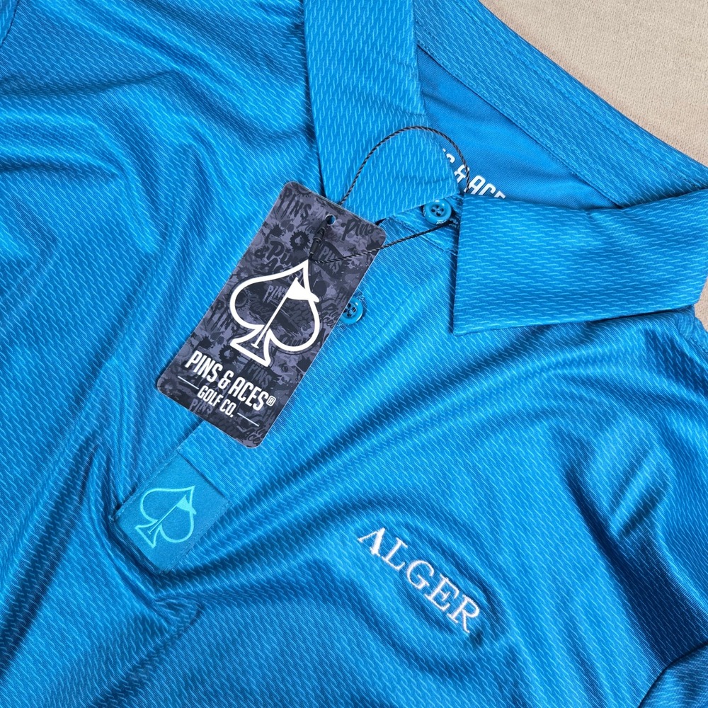 Pins & Aces Mens Medium Blue Textured Performance Golf Polo Shirt Alger NWT